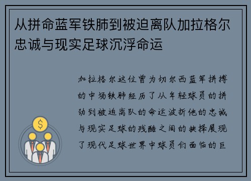 从拼命蓝军铁肺到被迫离队加拉格尔忠诚与现实足球沉浮命运